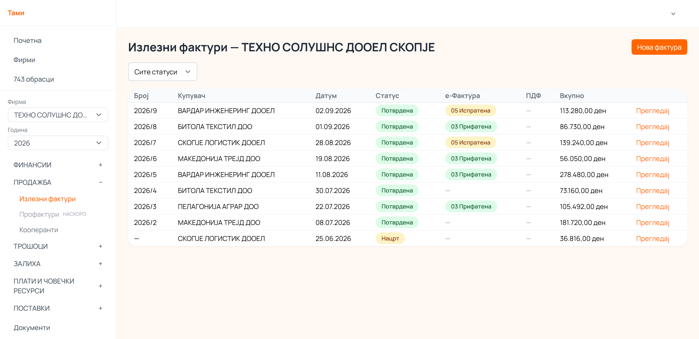 Листа на излезни фактури со статуси од е-Фактура